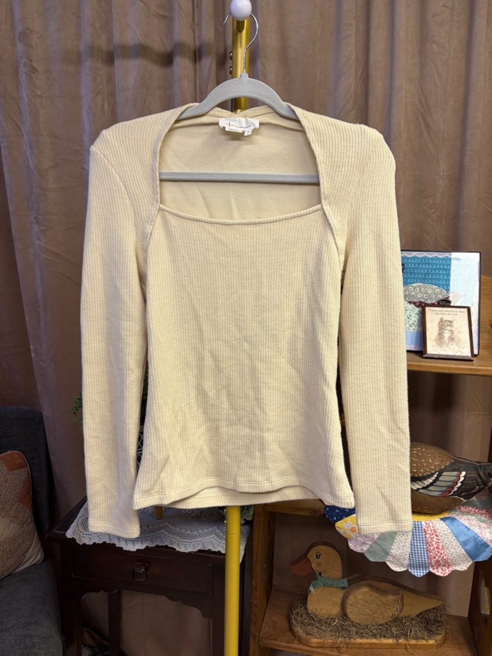 Anthropologie Cream Ribbed Long-Sleeve Layered-Look Top